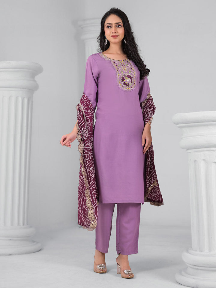 Embroidered Cotton Blend Kurta With Pants &amp; Dupatta