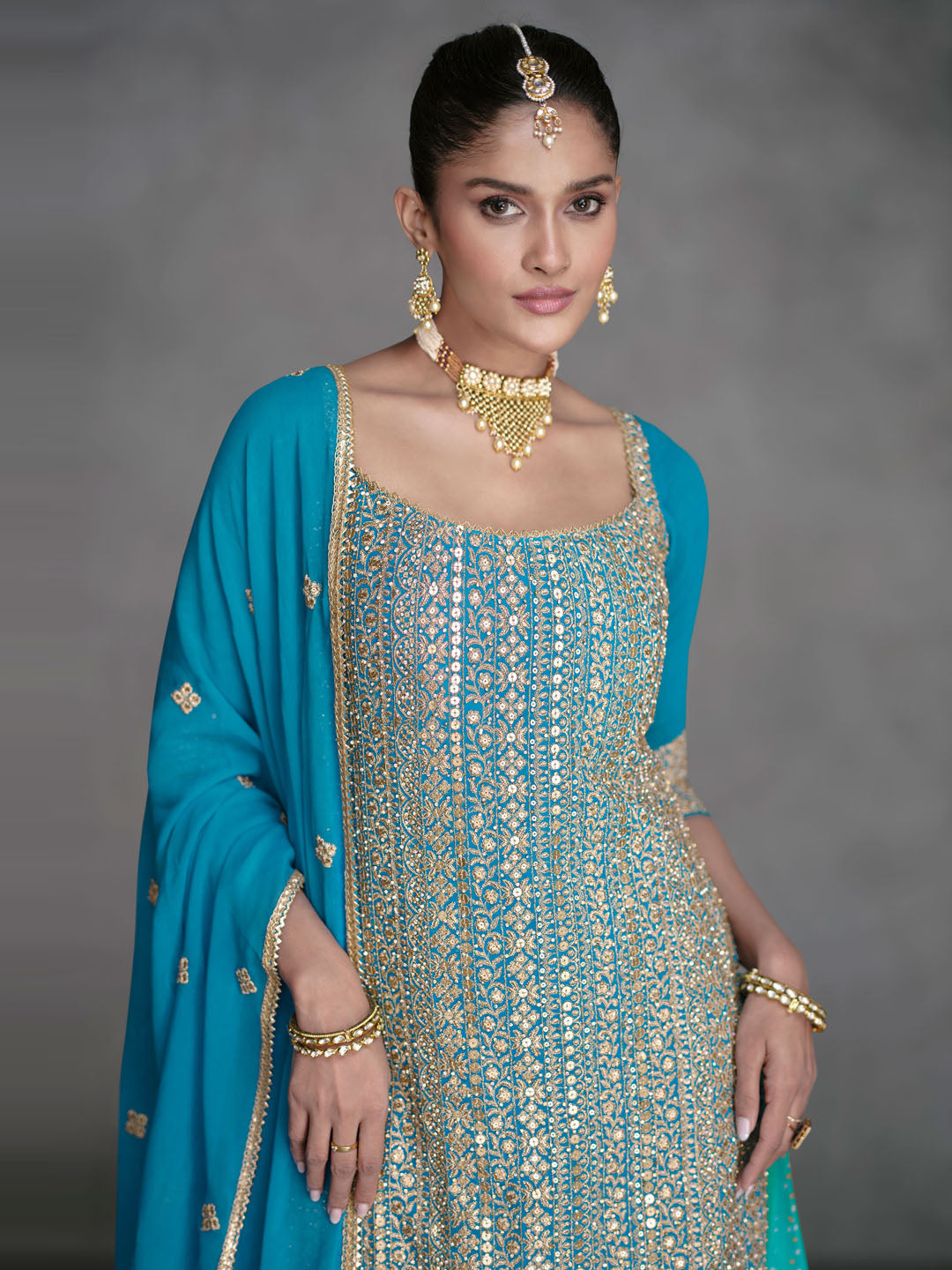 Embroidered Art Silk Suit With Plazzo &amp; Dupatta