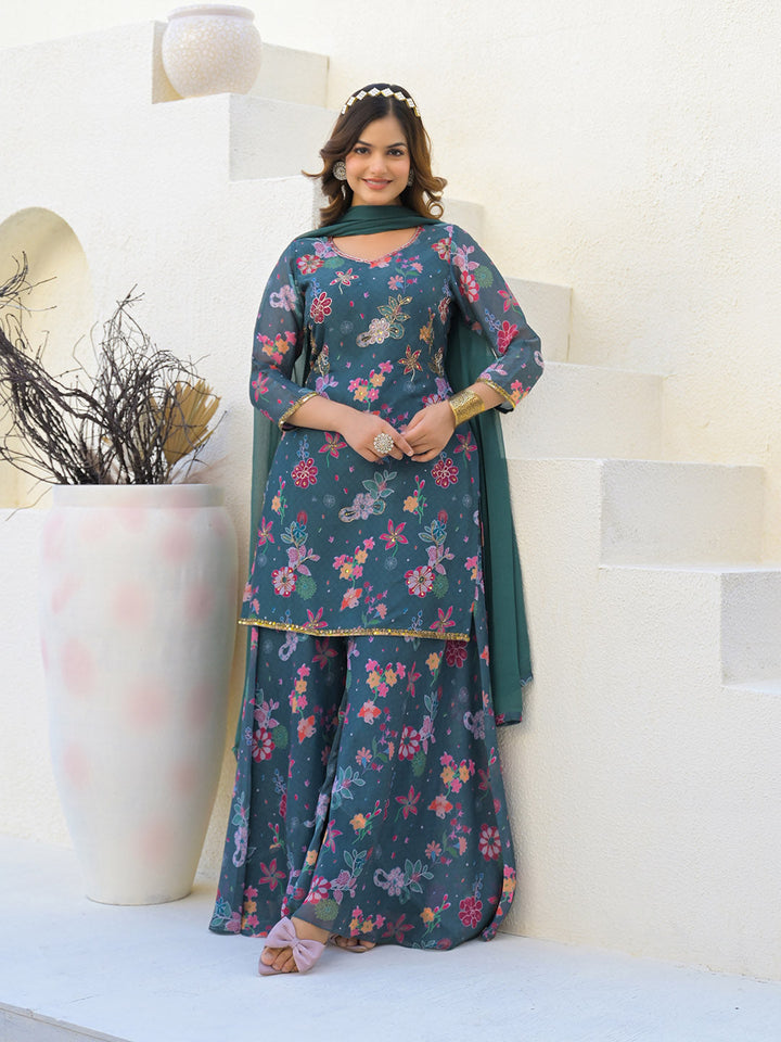 Neck Embroidered Georgette Kurta With Sharara And Dupatta
