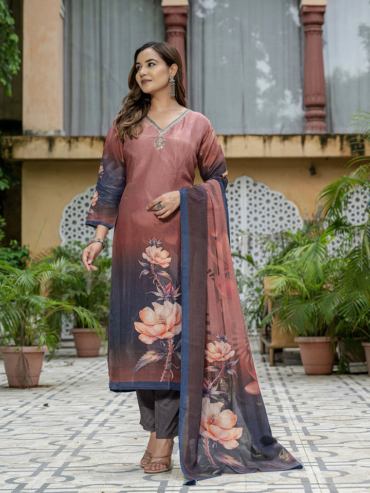 Printed Embroidered Art Silk Kurta With Pants &amp; Dupatta