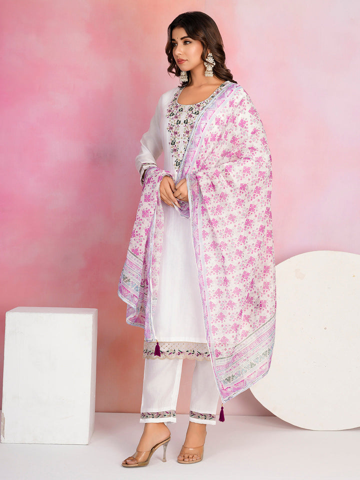 Neck Embroidery Cotton Blend Kurta With Pants &amp; Dupatta