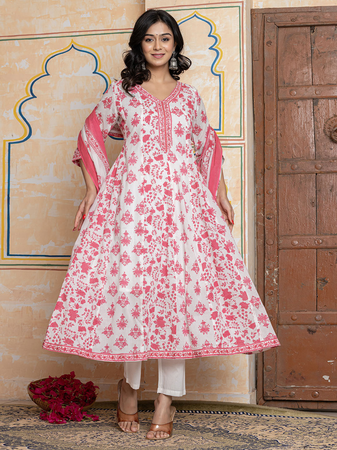 Printed Cotton Blend Kurta With Pants &amp; Dupatta