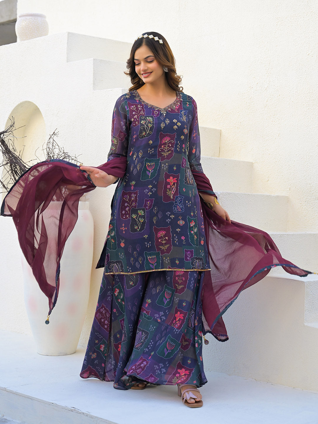 Digital Printed Organza Kurta With Palazzo &amp; Dupatta