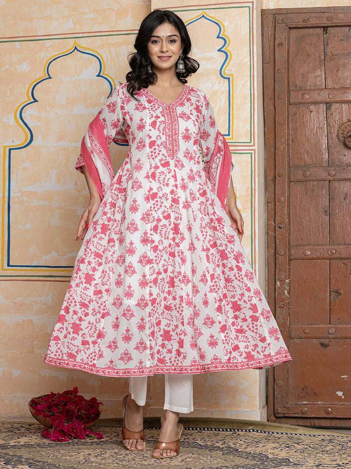 Printed Cotton Blend Kurta With Pants &amp; Dupatta