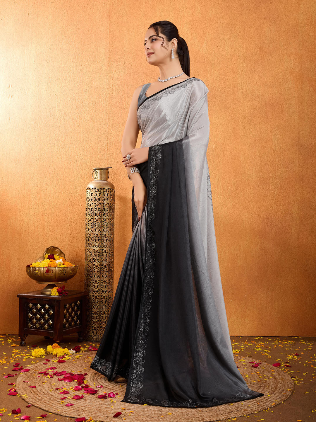 Embroidered Shaded Chinnon Saree