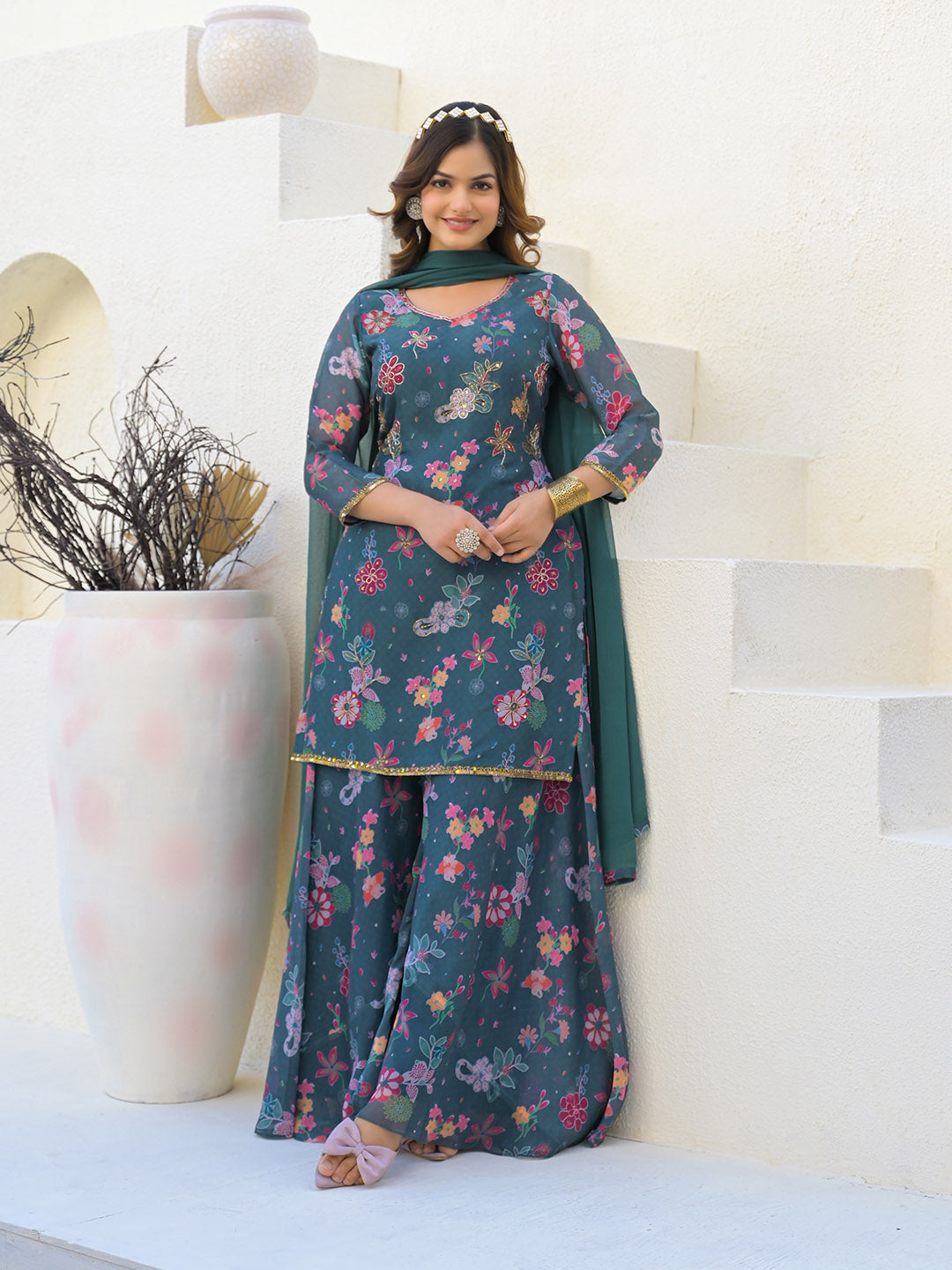 Neck Embroidered Georgette Kurta With Sharara And Dupatta