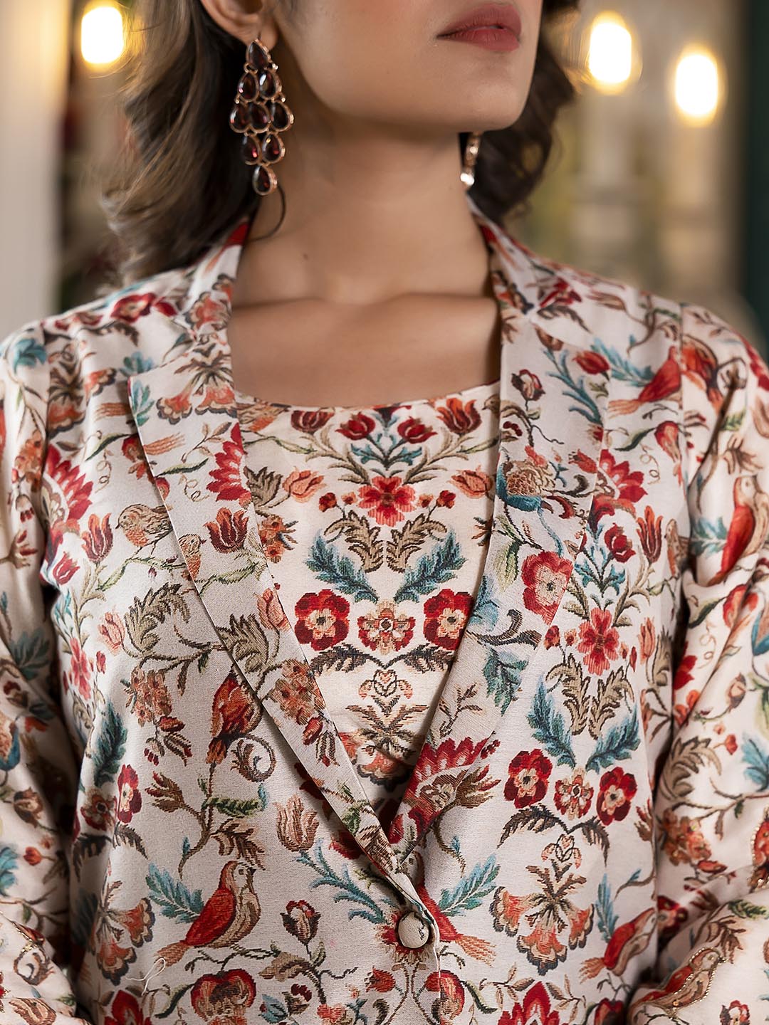 Printed Cotton Blend Top With Pants &amp; Jacket