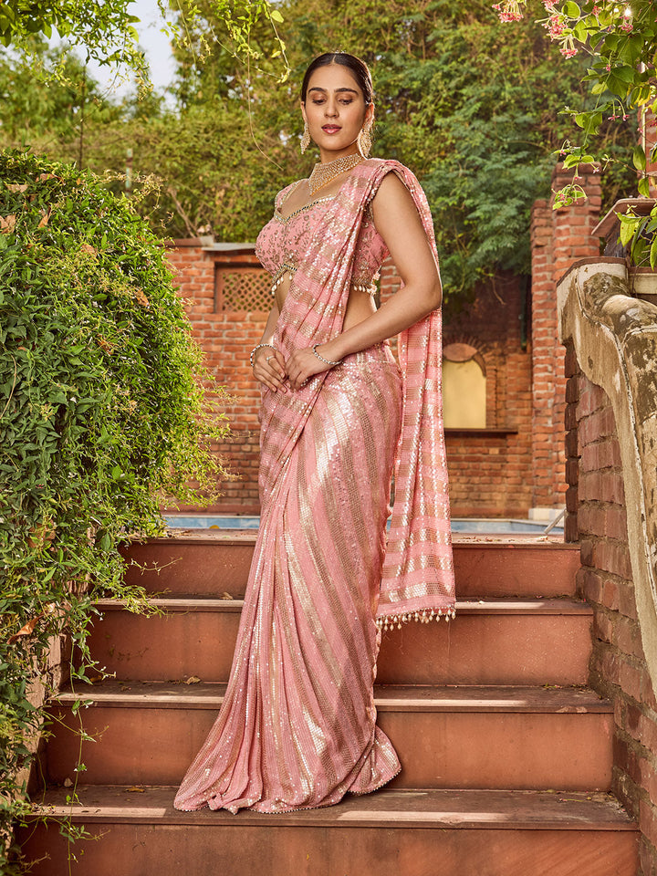 Sequence Embroidery Georgette Pre Draped Saree