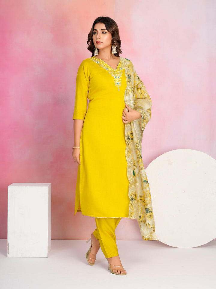 Plain Cotton Blend Kurta With Pants &amp; Dupatta