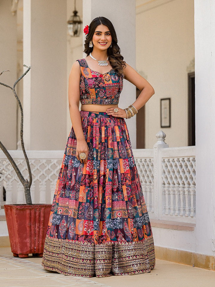 Printed Organza Choli With Lehenga &amp; Dupatta