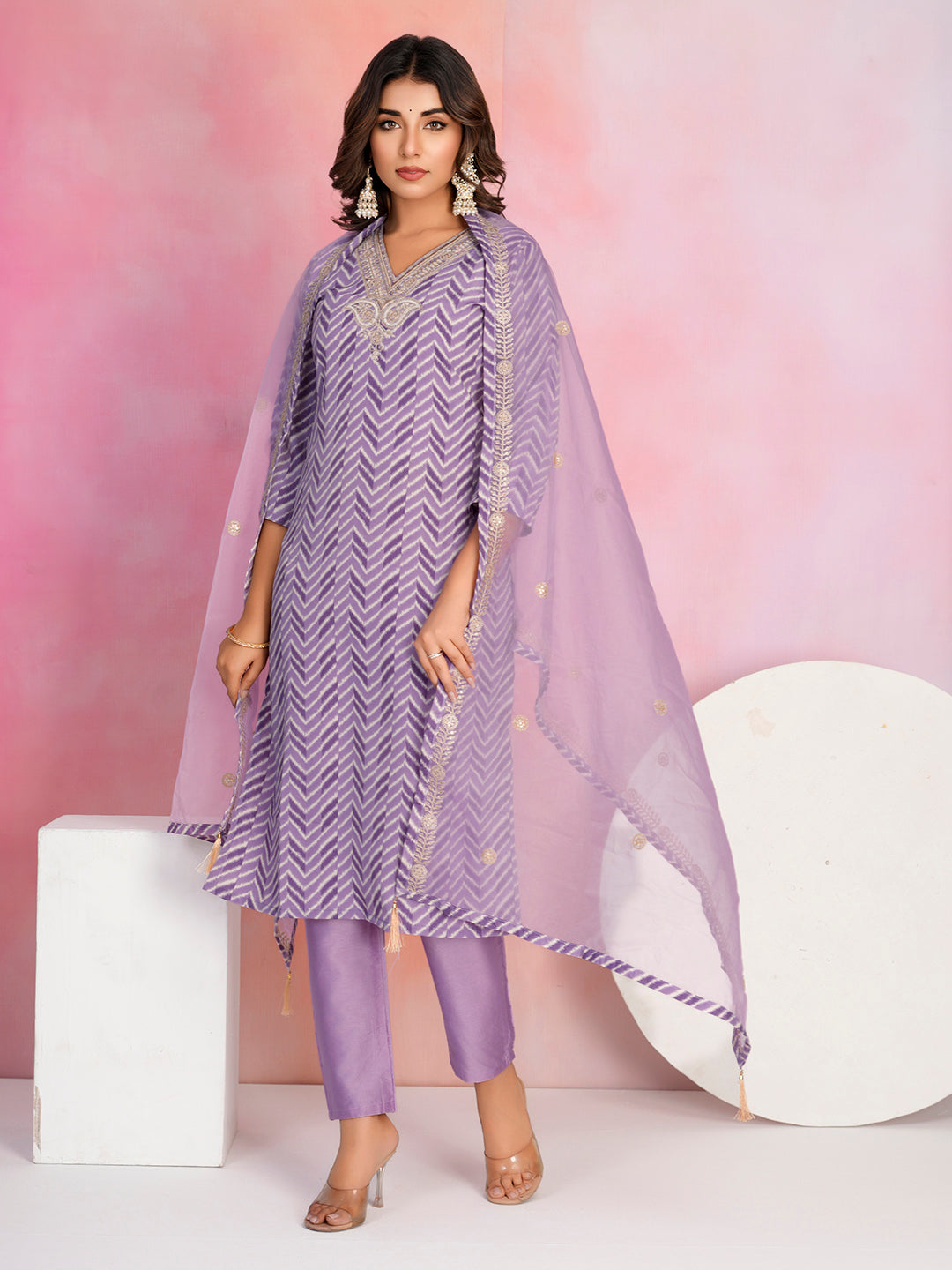 Printed Cotton Blend Kurta With Pants &amp; Dupatta