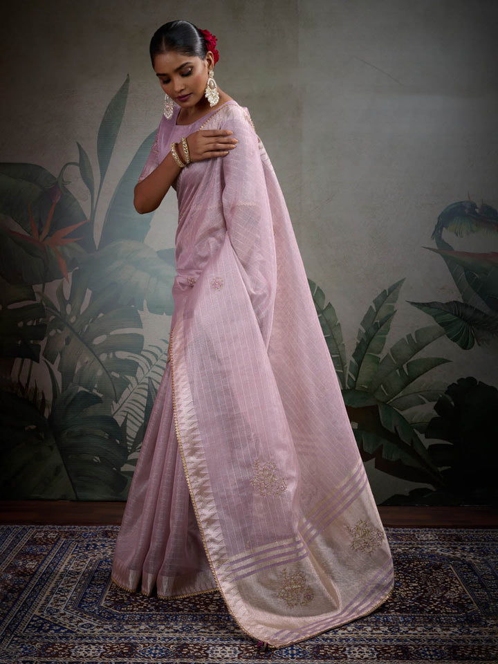 Thread Embroidered Woven Border Linen Saree