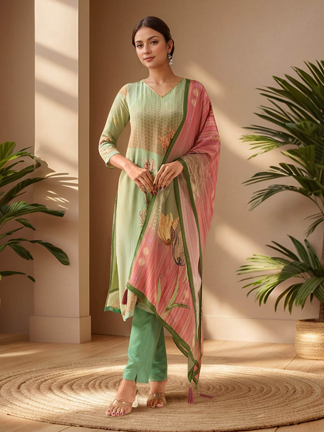 Neck Embroidery Crepe Kurta With Pants &amp; Dupatta