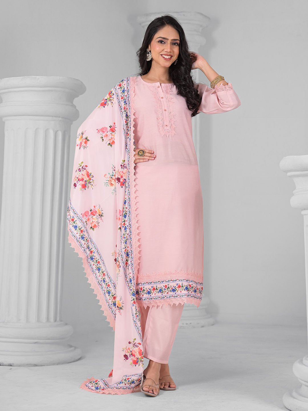 Printed Cotton Blend Kurta With Pants &amp; Dupatta