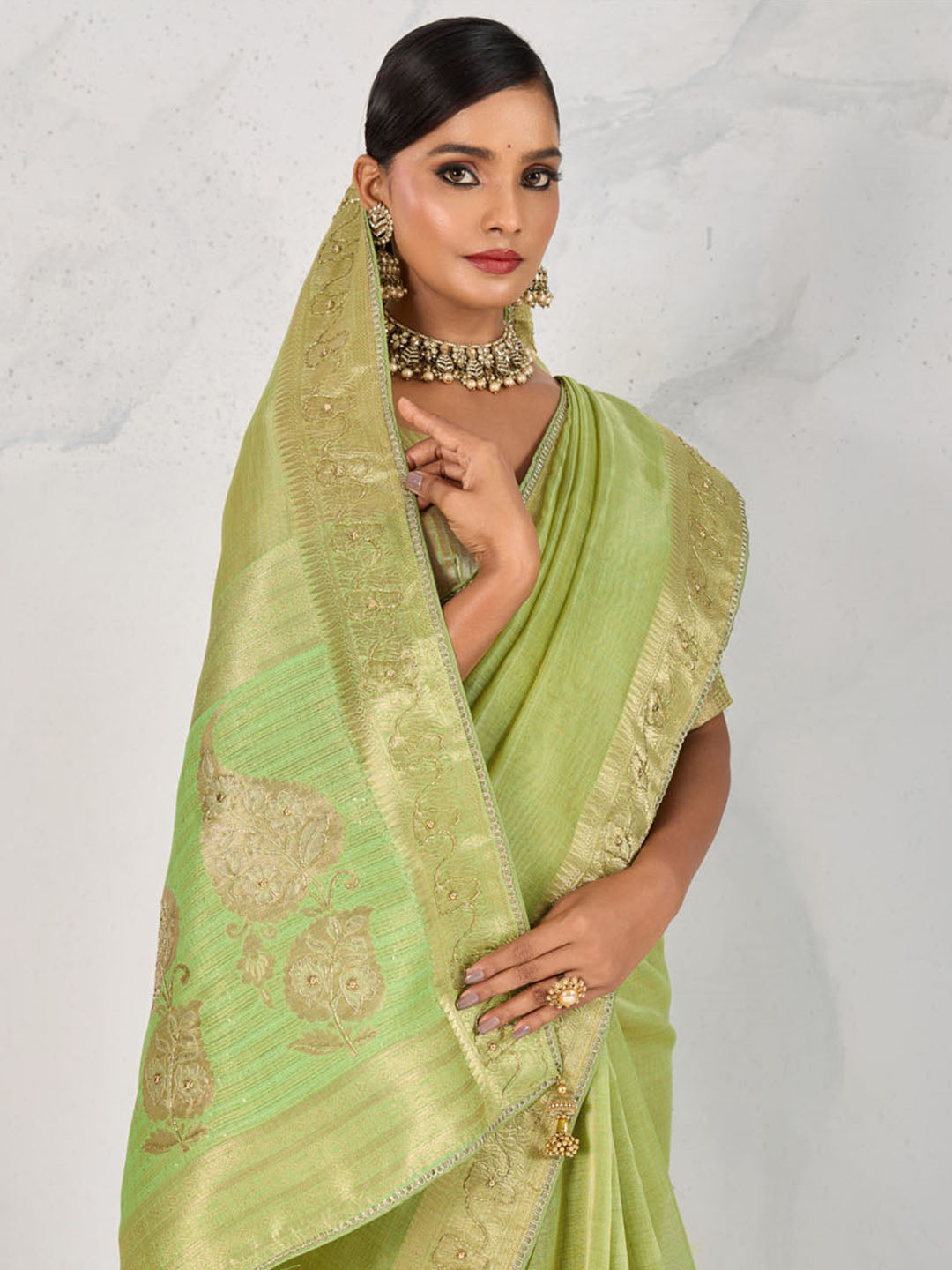 Embroidered Tissue Linen Saree
