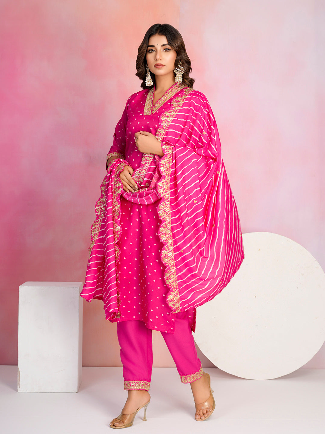 Bandhani Printed Cotton Blend Kurta With Pants &amp; Dupatta