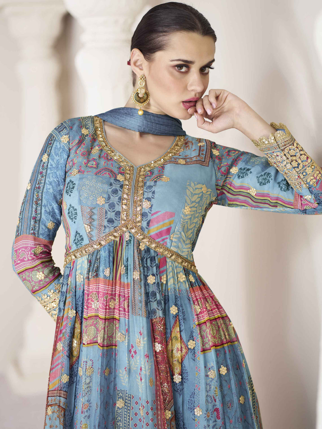 Blue Floral Printed Organza Anarkali Suit Set With Dupatta