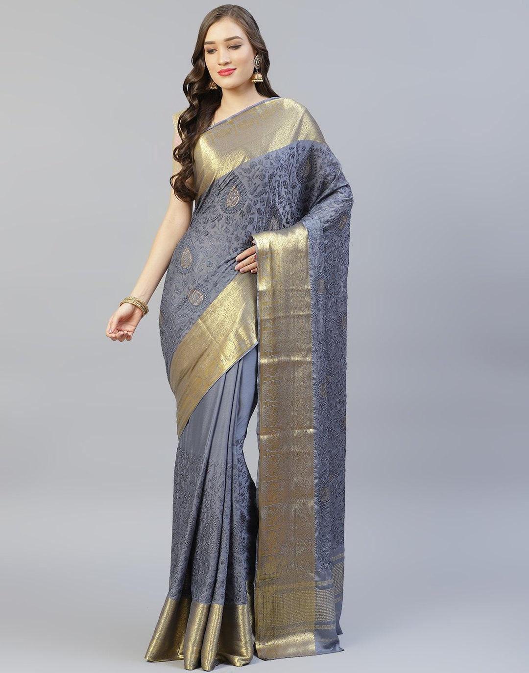 All Over Thread Work Semi Crepe Saree With Zari Border