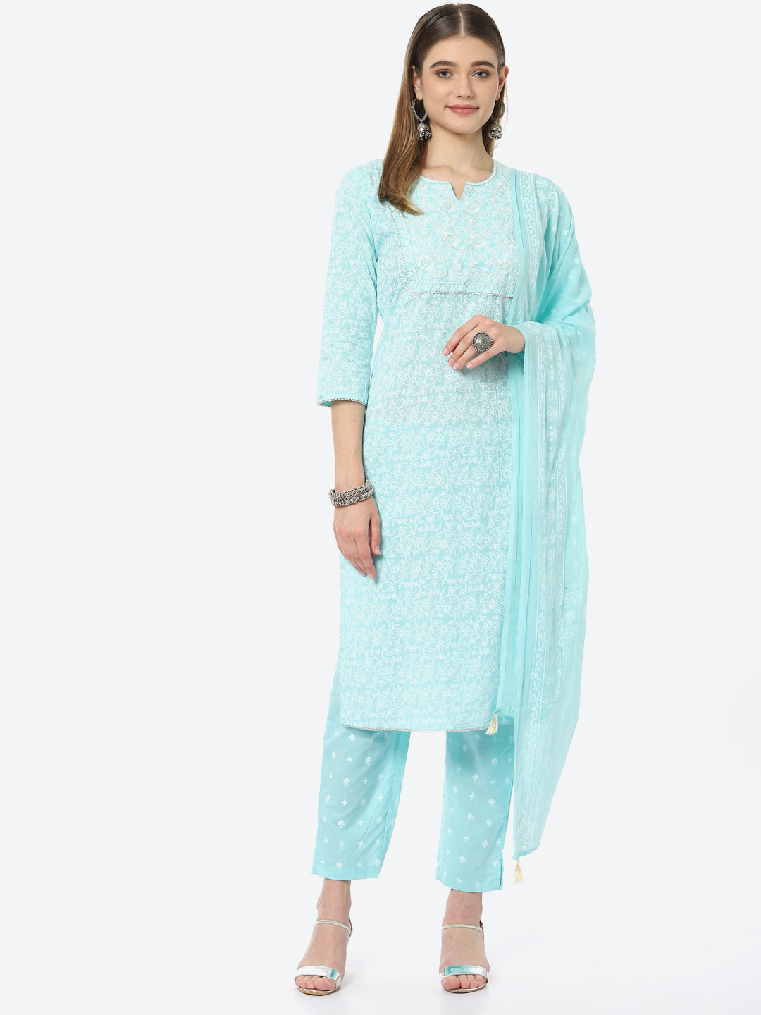Resham Neck Booti Printed Cotton Kurta With Pant &amp; Cotton Dupatta