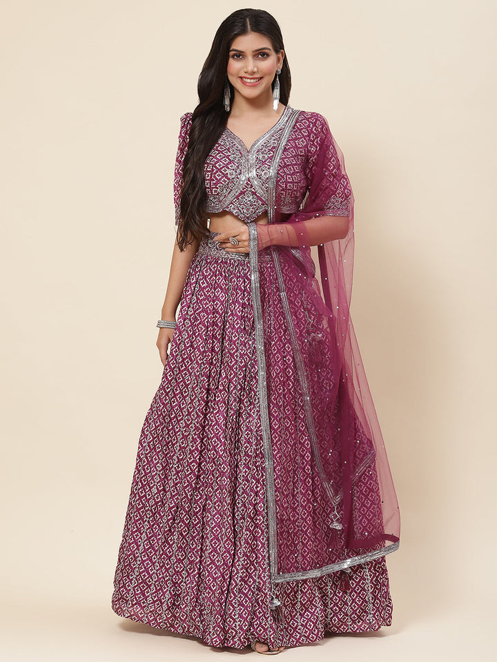 Printed Sequin Embroidered Crepe Choli With Lehenga &amp; Net Dupatta