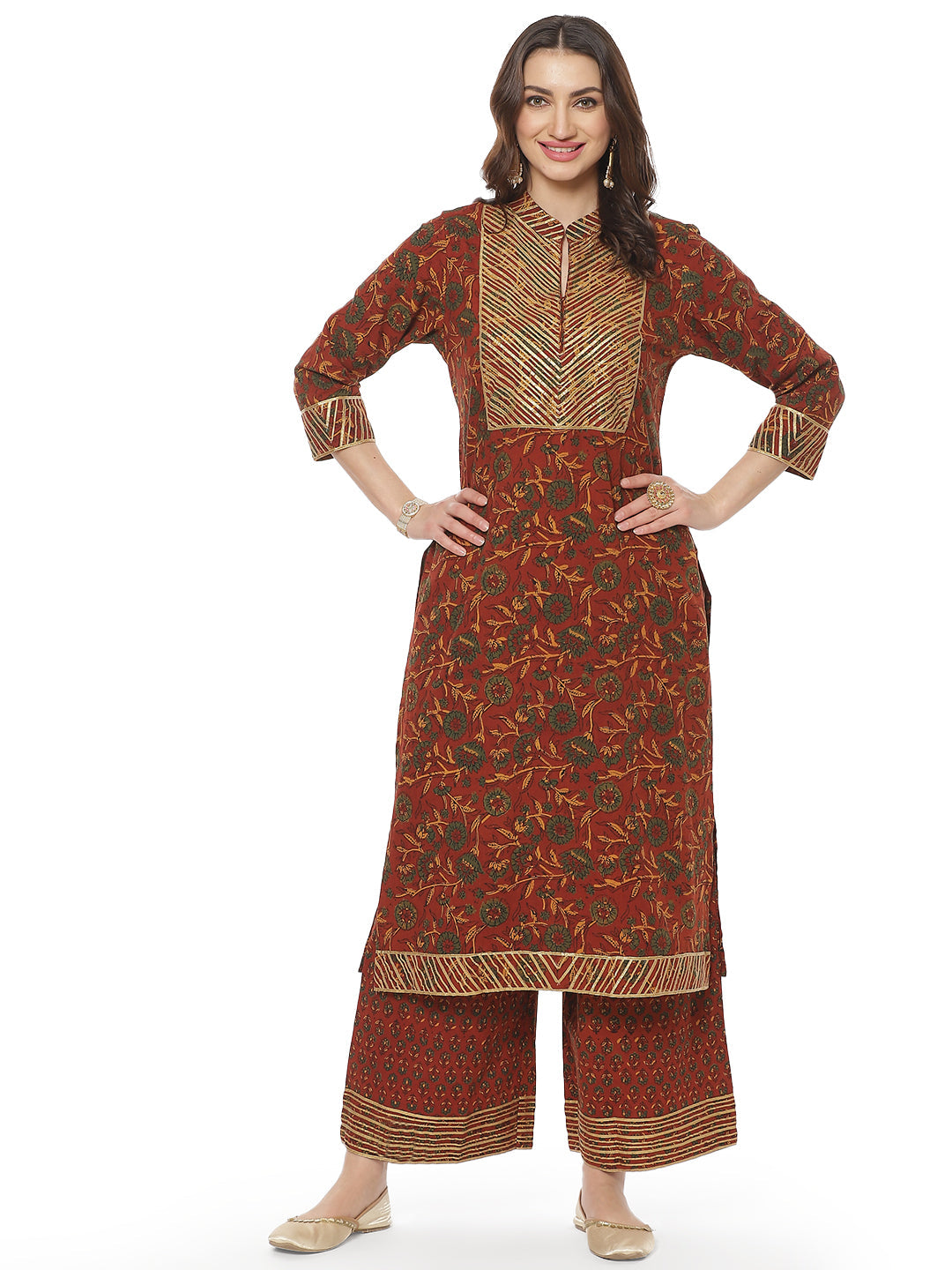 Printed Gota Neck Work Cotton Kurti With Palazzo