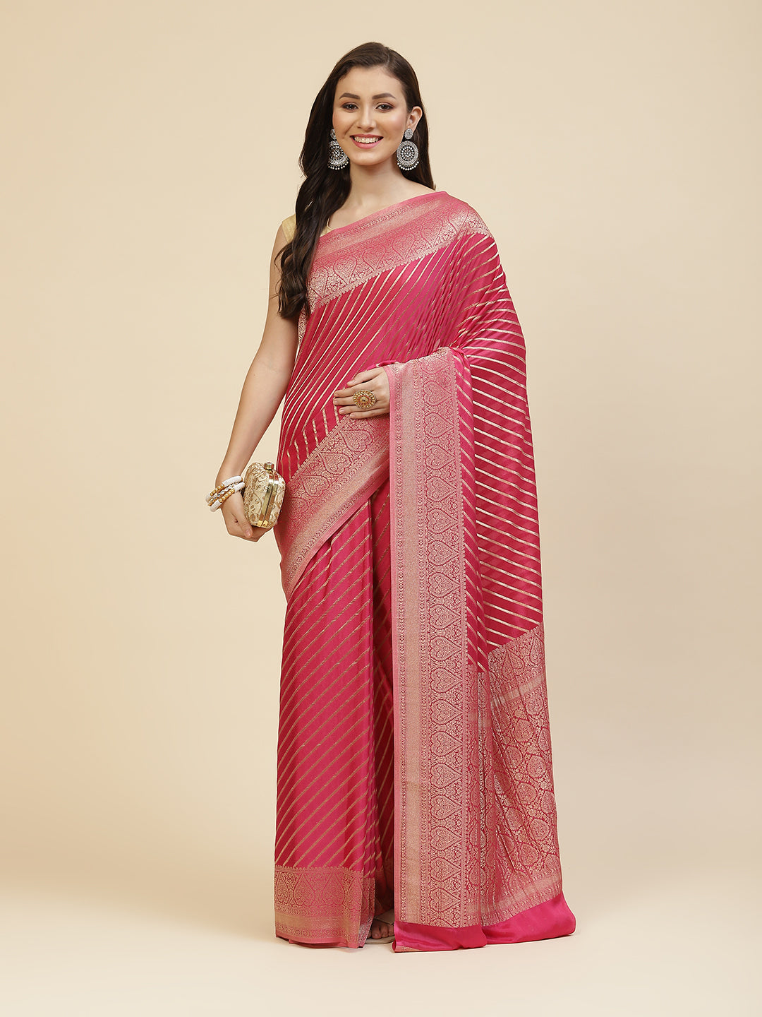 Stripes Zari Jaal Crepe Woven Saree