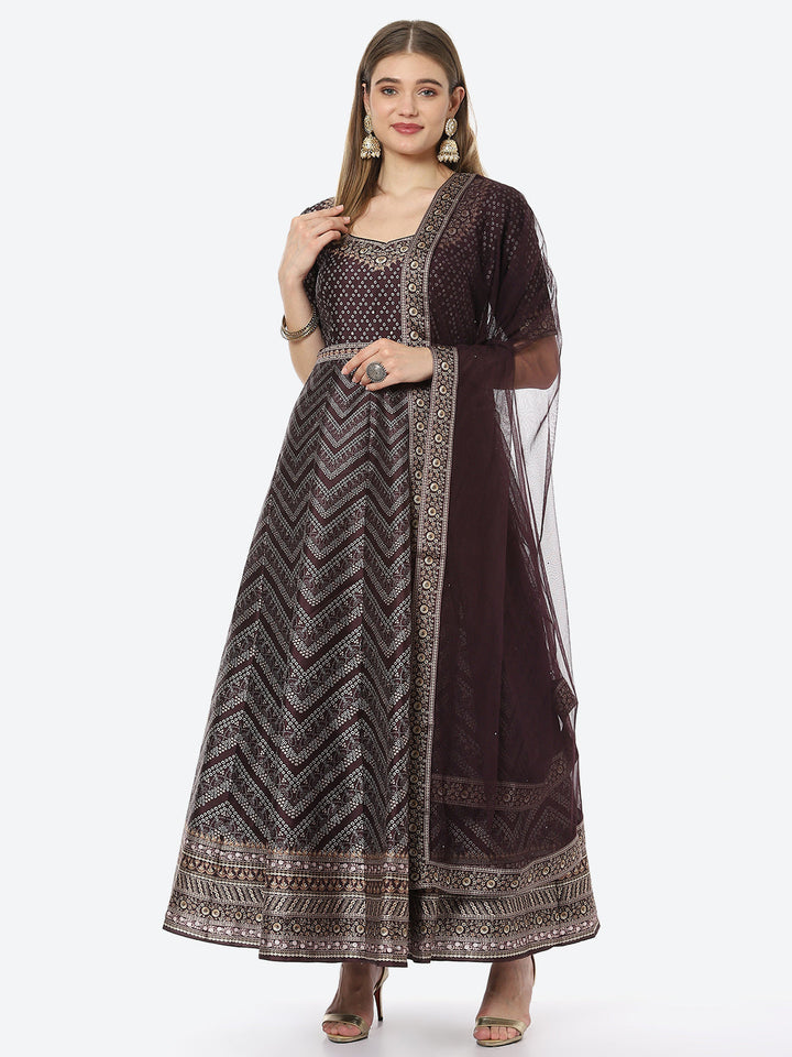 Digital Printed Anarkali Kurta With Churidar &amp; Net Dupatta