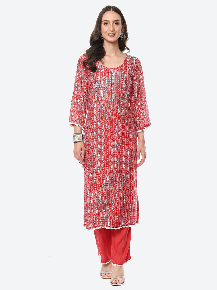 Mirror Neck Embroidered Printed Muslin Kurta With Palazzo