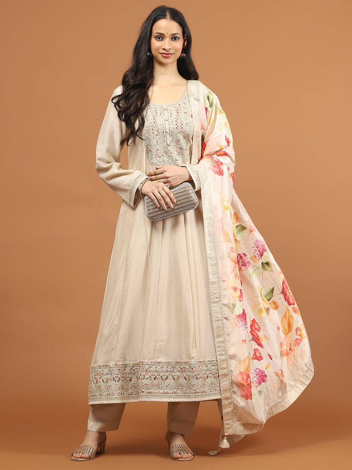 Zari Embroidery Art Silk Kurta With Pants &amp; Dupatta