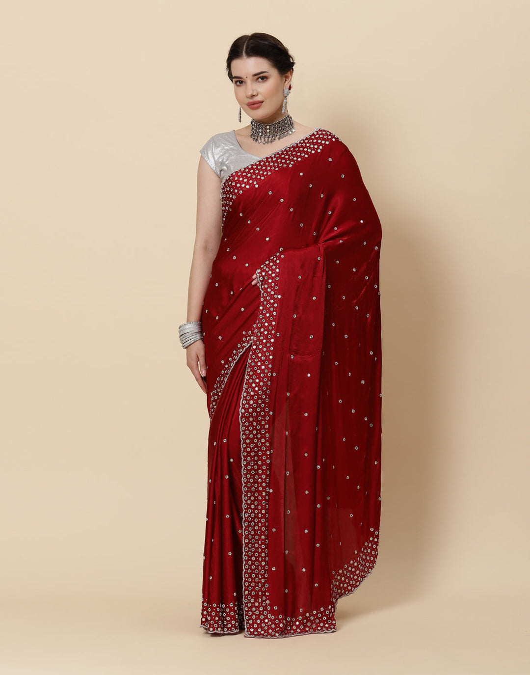 Stone Booti Pure Satin Embroided Saree