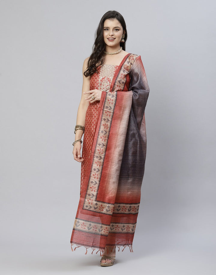 Printed Chanderi Suit Piece With Embroidered Yoke
