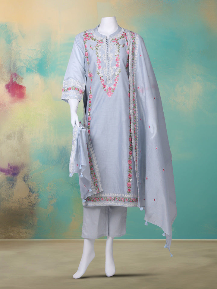 Embroidered Chanderi Kurta With Pant &amp; Dupatta