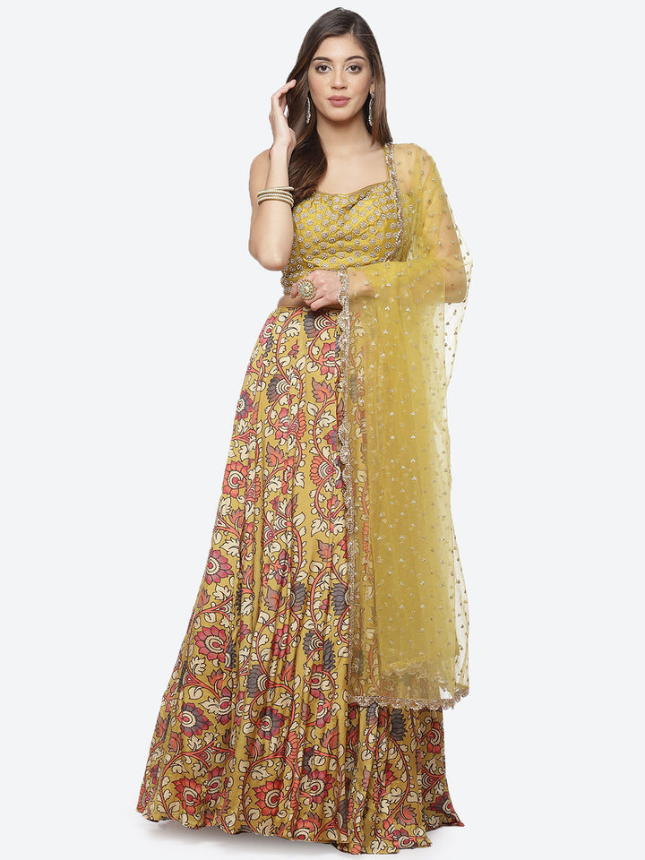 Floral Printed Crepe Choli With Lehenga &amp; Net Dupatta