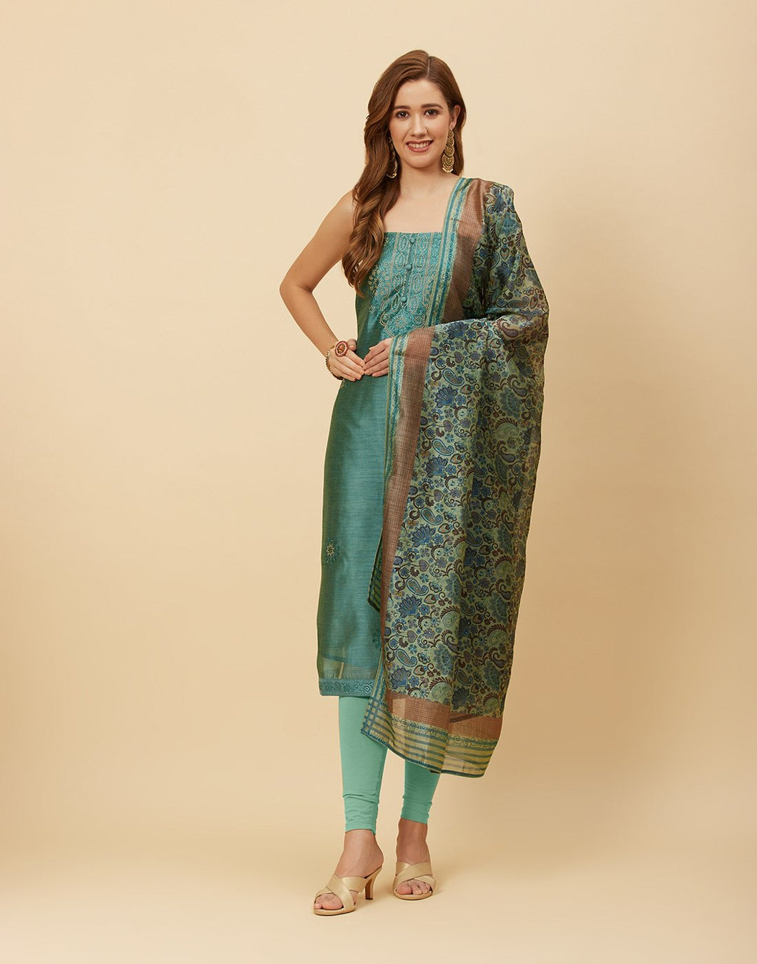 Embroidered Chanderi Suit Piece With Printed Chanderi Dupatta
