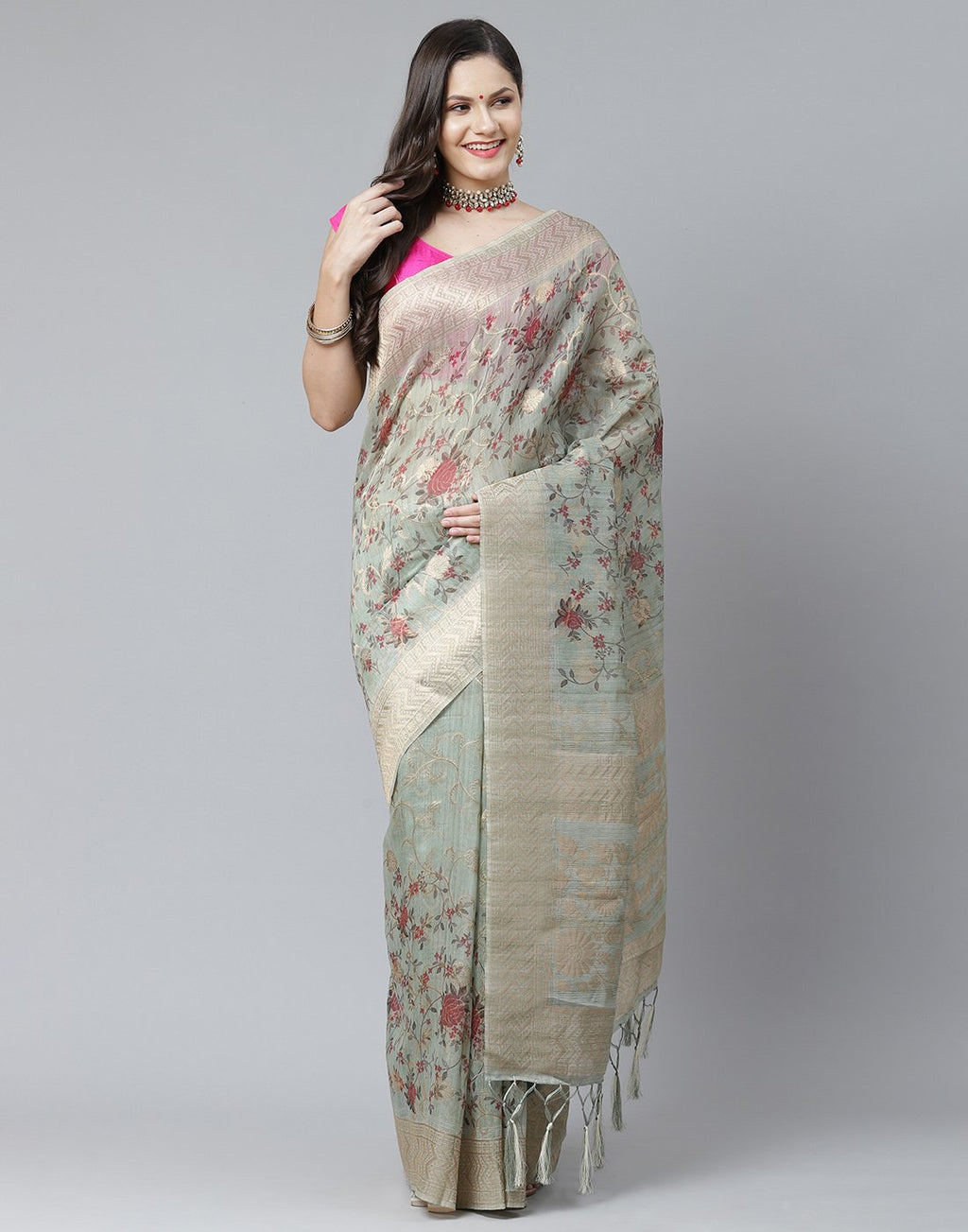 Floral Print  With Zari Border Linen Saree