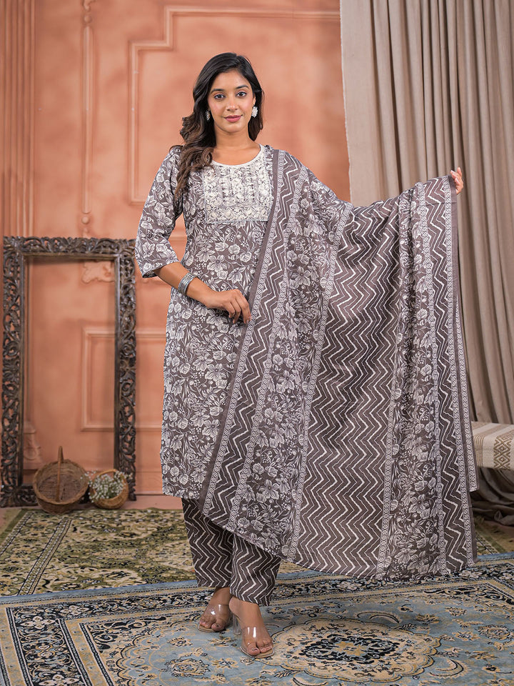 Printed Cotton Kurta With Pant &amp; Dupatta