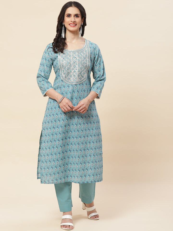 Printed  &amp; Neck Embroidered Cotton Kurta With Pants
