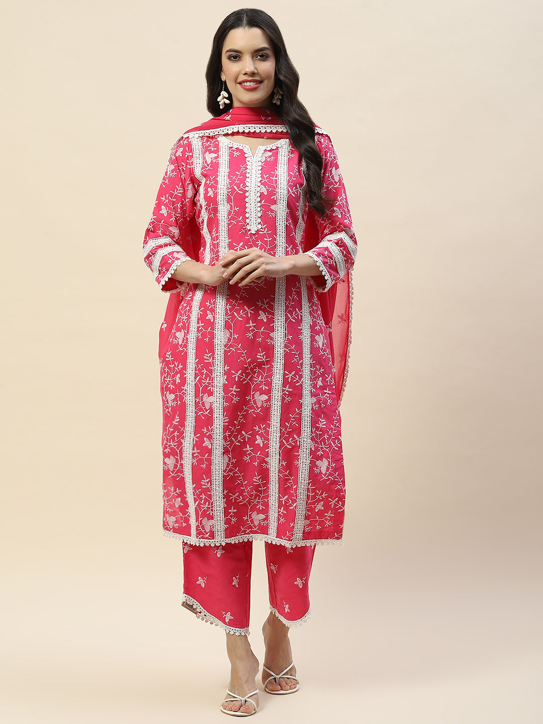 Printed & Embroidered Cotton Suit Set With Dupatta