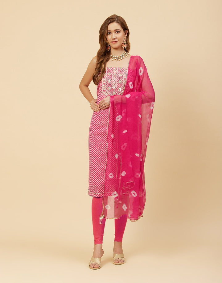 Embroidered Cotton Suit Piece With Chiffon Dupatta