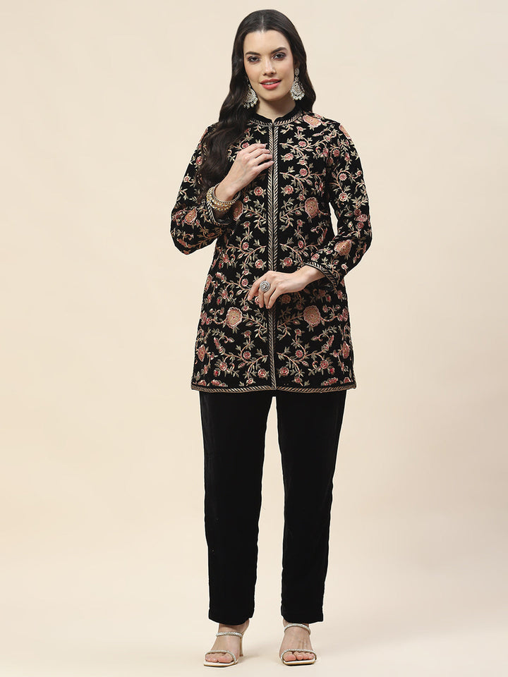 Zari Jaal Embroidery Velvet Short Kurta With Pants