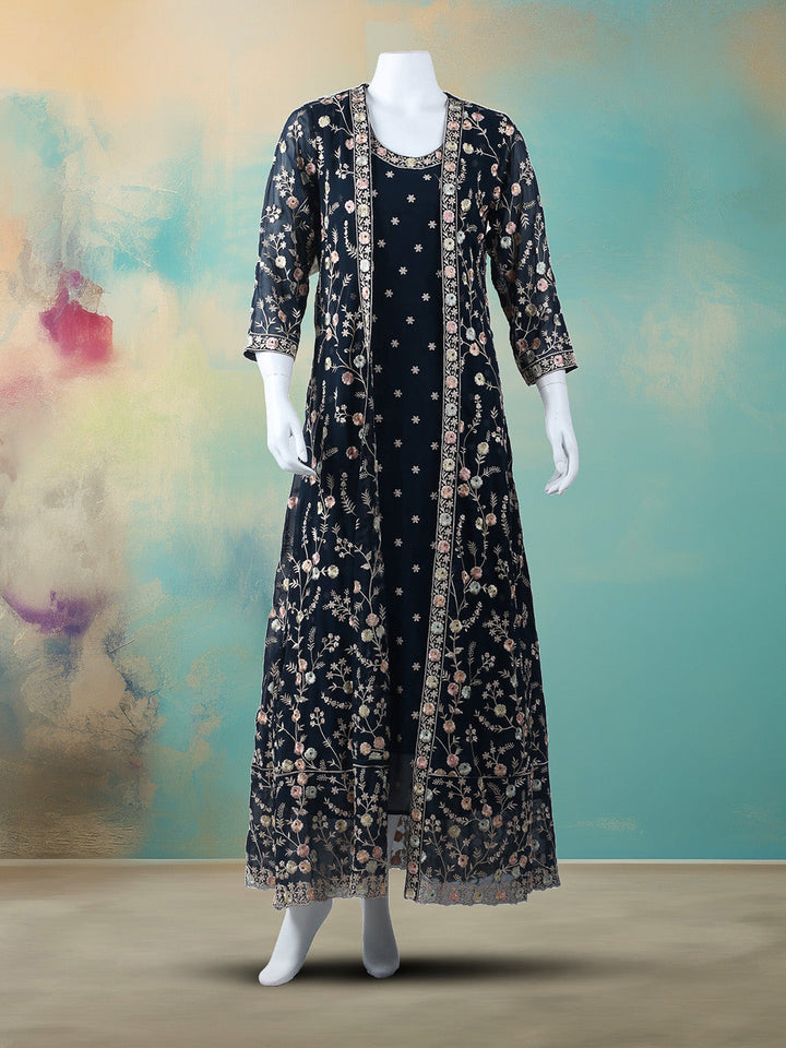Embroidered Georgatte Gown With Jacket