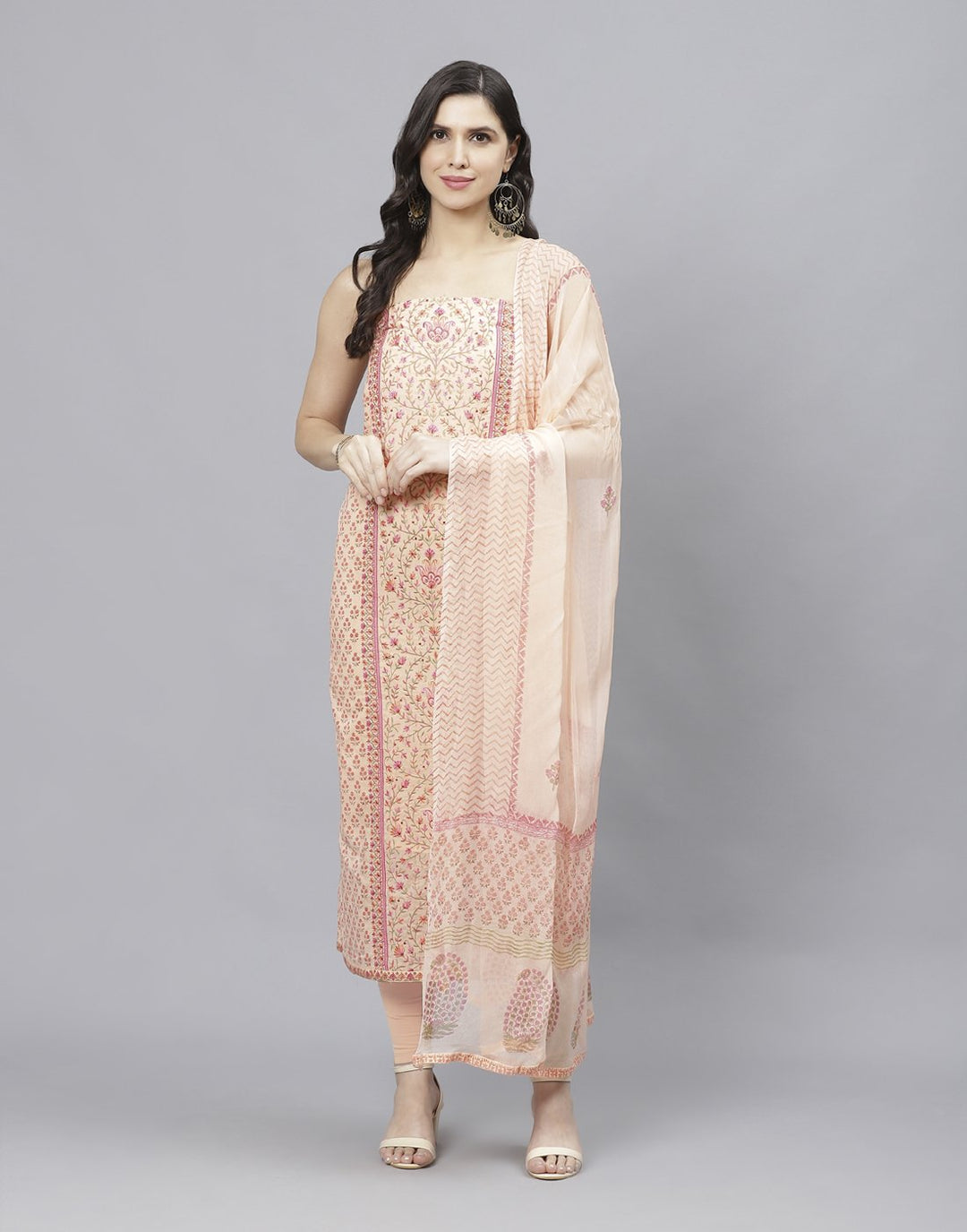 Printed Cotton Suit Piece With Chiffon Dupatta