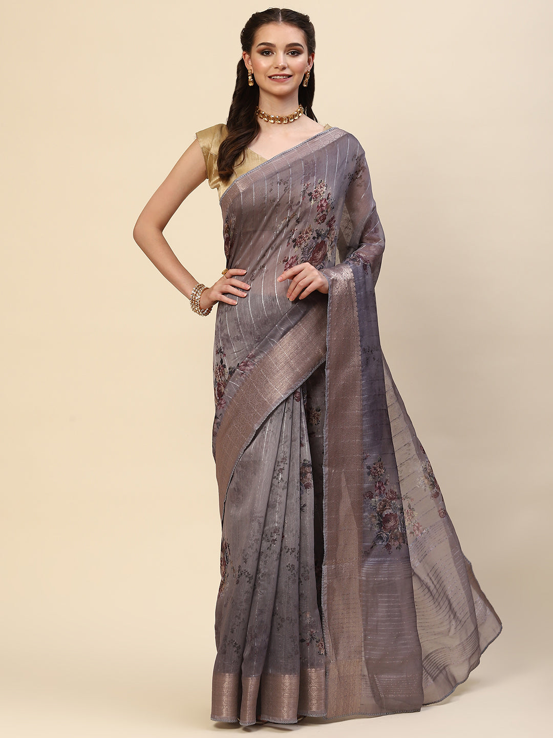 Digital Floral Printed Sequin Cotton Saree