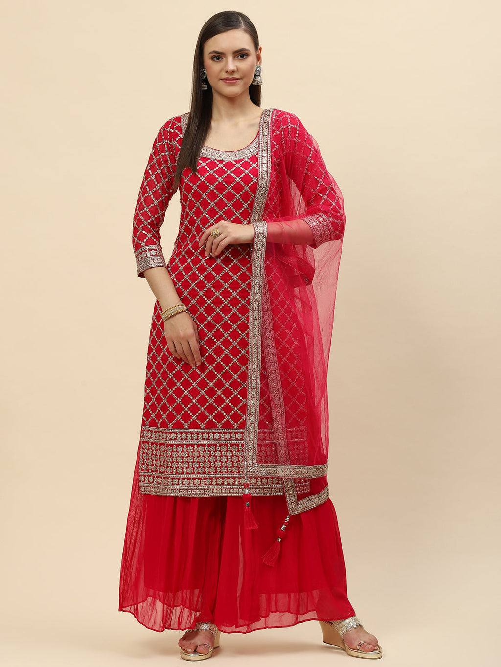 Zari Jaal Georgette Kurta With Palazzo & Dupatta
