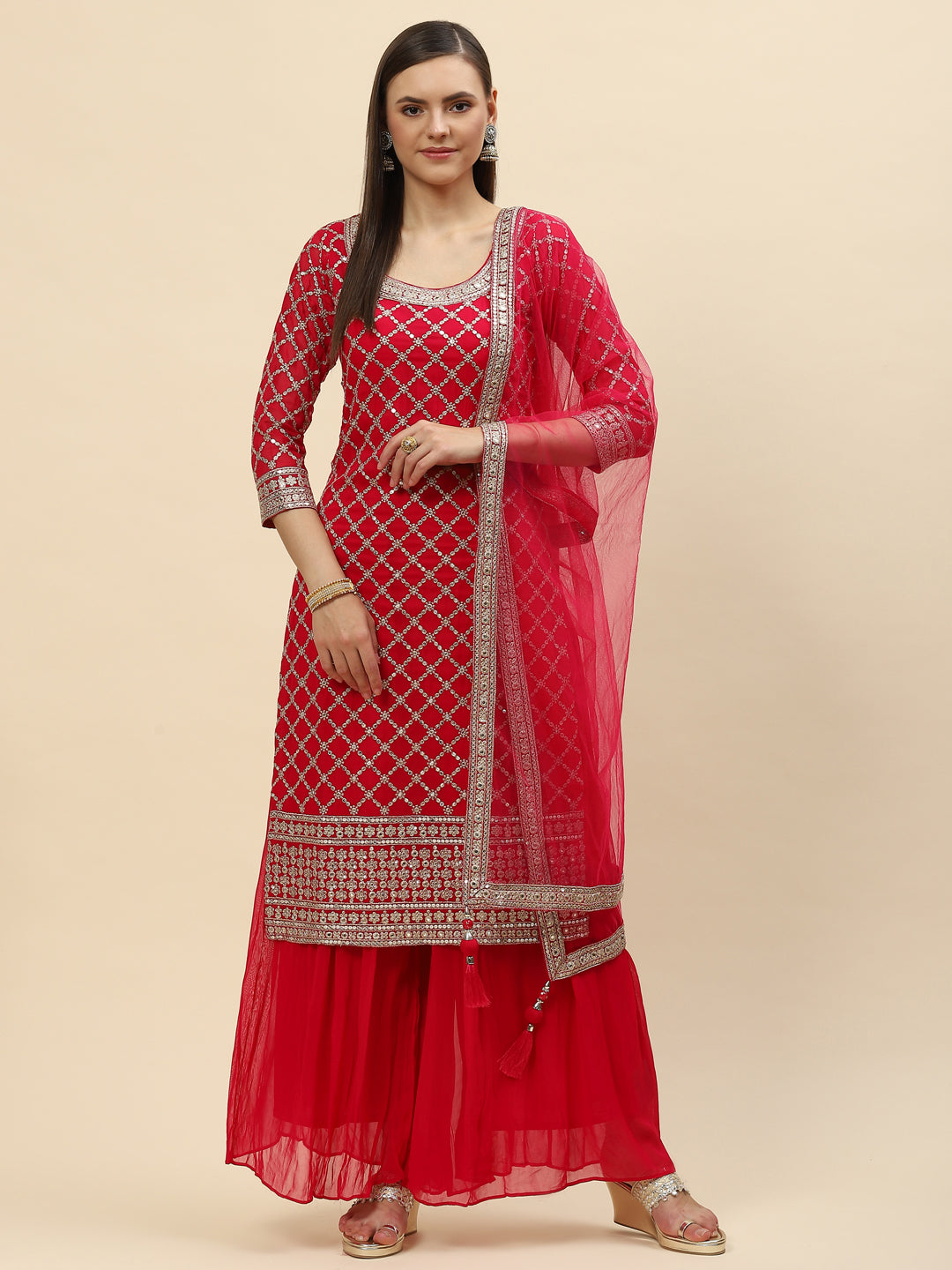 Zari Jaal Georgette Kurta With Palazzo & Dupatta