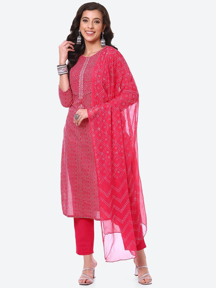 Bandhani Printed Cotton Kurta With Pant &amp; Dupatta