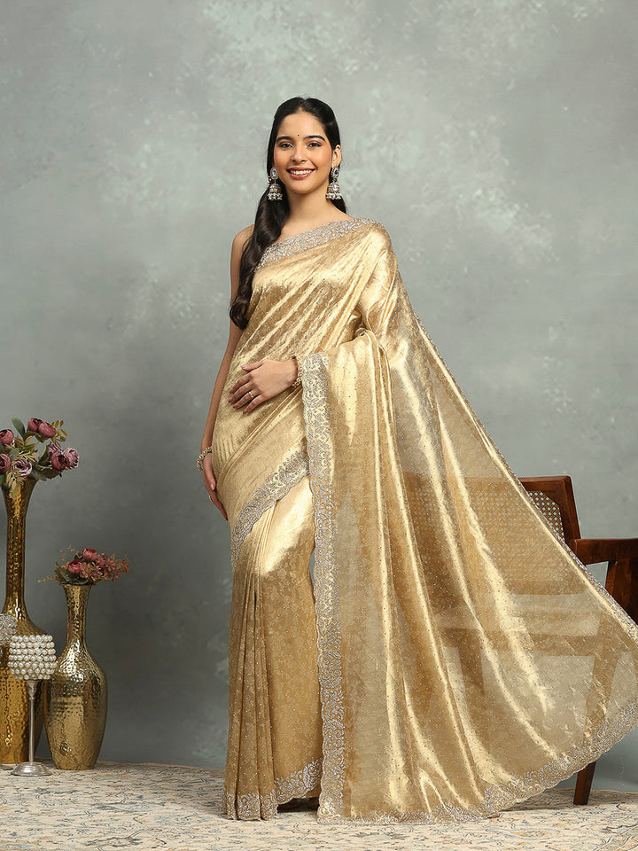 Stone Embellished Tissue Gold Saree