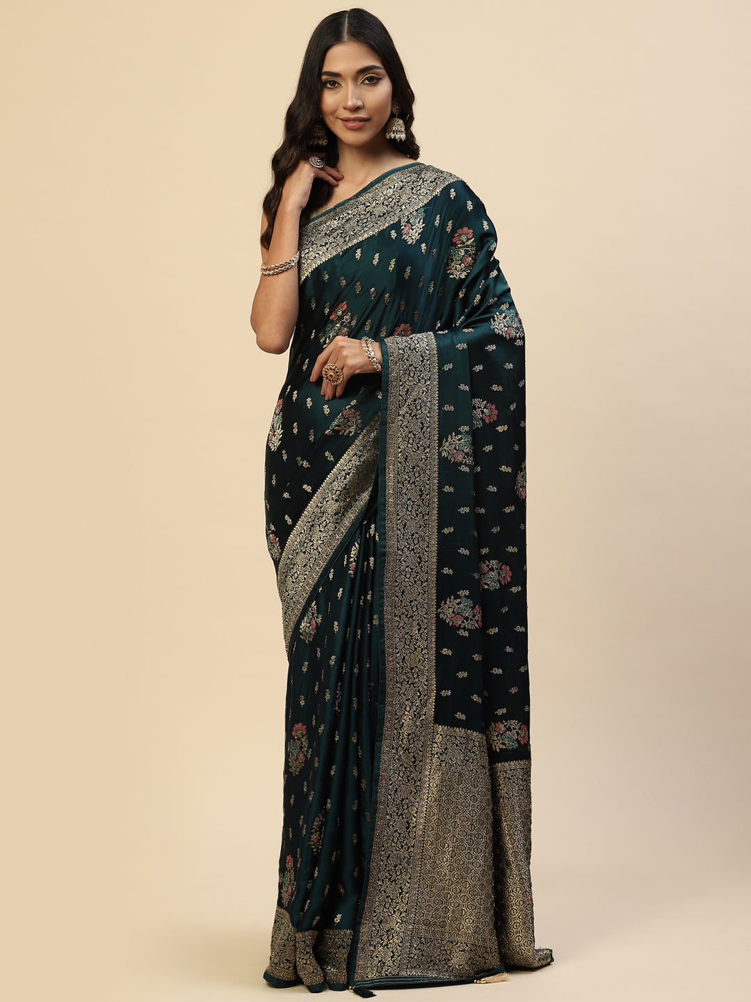 Zari Border Booti Satin Woven Saree