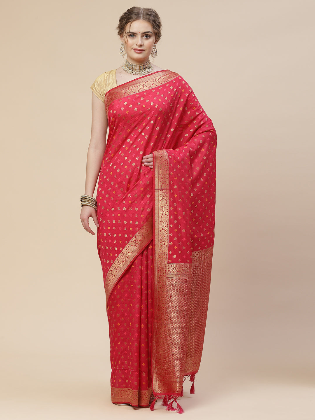 Brocade Zari Booti Art Handloom Woven Saree