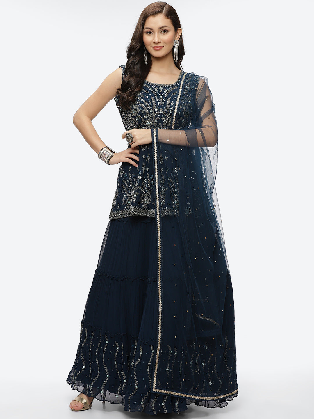 Embroidered Resham Mirror Georgette Choli With Lehenga & Dupatta